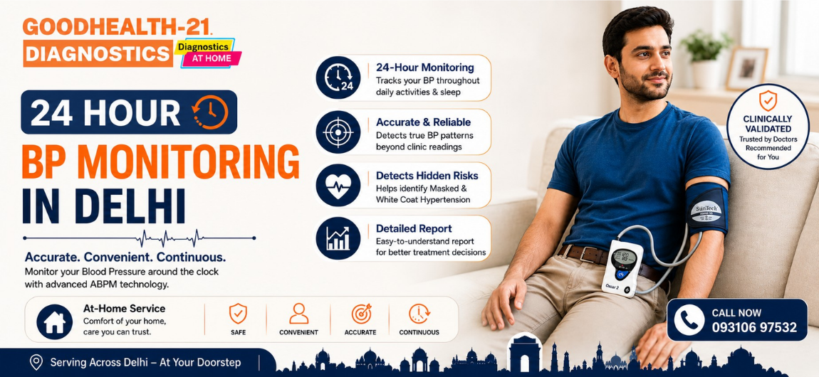 24 Hour BP Monitoring in Delhi by Goodhealth21 Diagnostics offering accurate ABPM Test at Home with expert technicians and detailed computerized reports.