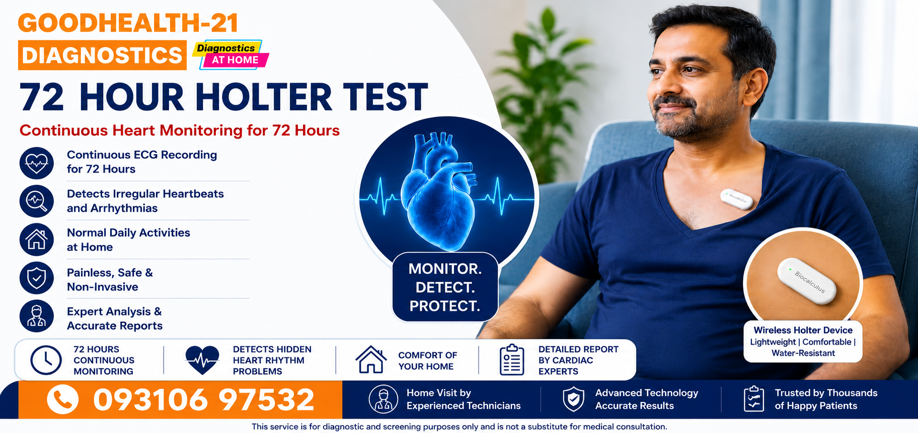 72 Hour Holter Test Price in Ghaziabad by GoodHealth21 Diagnostics. Home Holter monitoring service with wireless ECG device, expert cardiac analysis, affordable pricing, and digital reports.