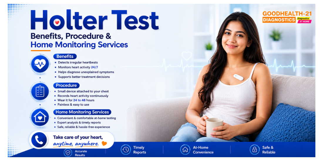 Holter Monitoring Test in East Delhi banner featuring a patient wearing a Holter monitor, AD Devices ELR Holter Device, BioCalculus Wireless ELR, 24–48 hour continuous heart monitoring, and GoodHealth21 Diagnostics home service.