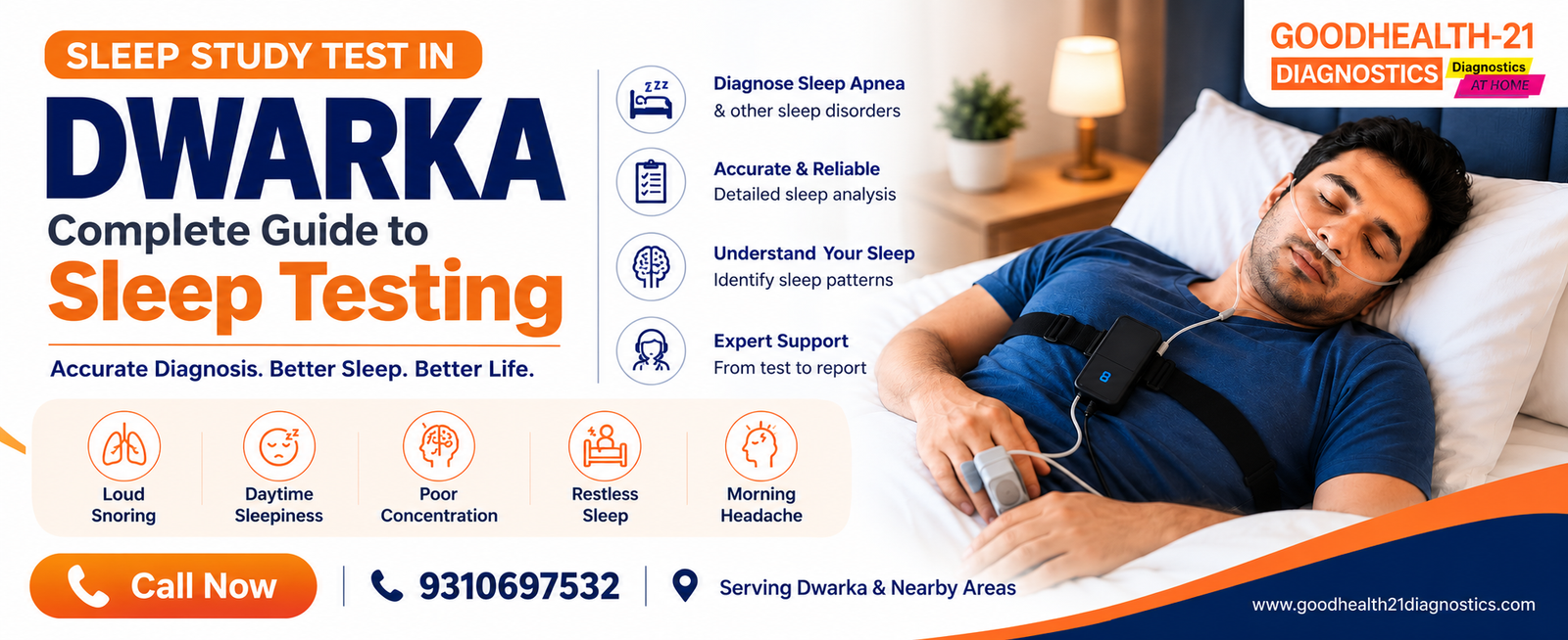Sleep Study Test in Dwarka by GoodHealth-21 Diagnostics, featuring sleep apnea testing, sleep disorder symptoms, and sleep monitoring support.