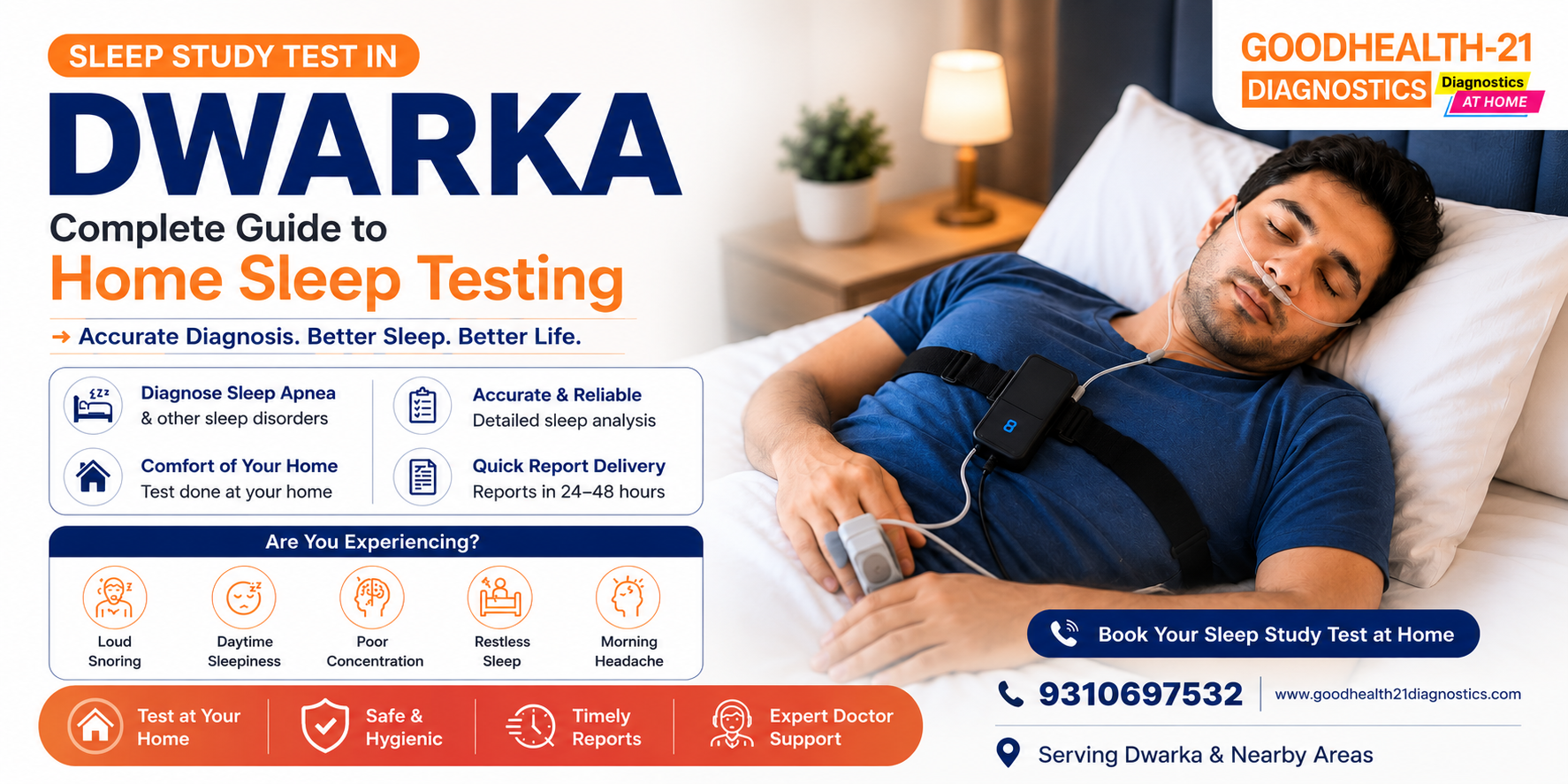 Patient undergoing a Sleep Study Test at Home in Dwarka by GoodHealth21 Diagnostics using a portable sleep monitoring device.