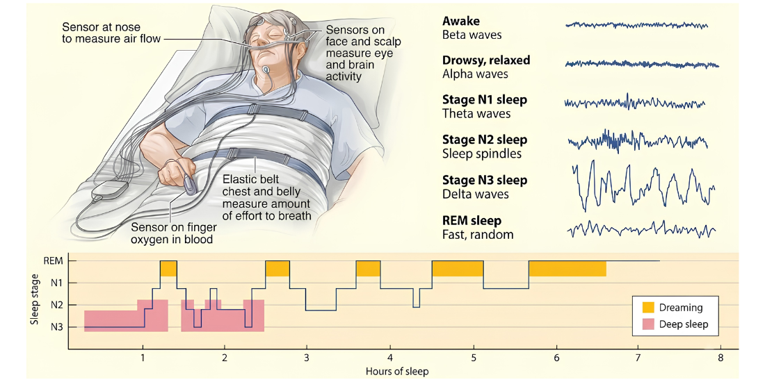 Medical diagram showing polysomnography sleep study test setup with body sensors, EEG brain wave patterns, and sleep stage graph.