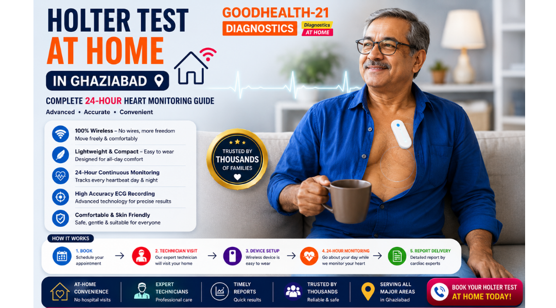 Holter Test at Home in Ghaziabad by GoodHealth21 Diagnostics with 24-hour wireless ECG heart monitoring service.