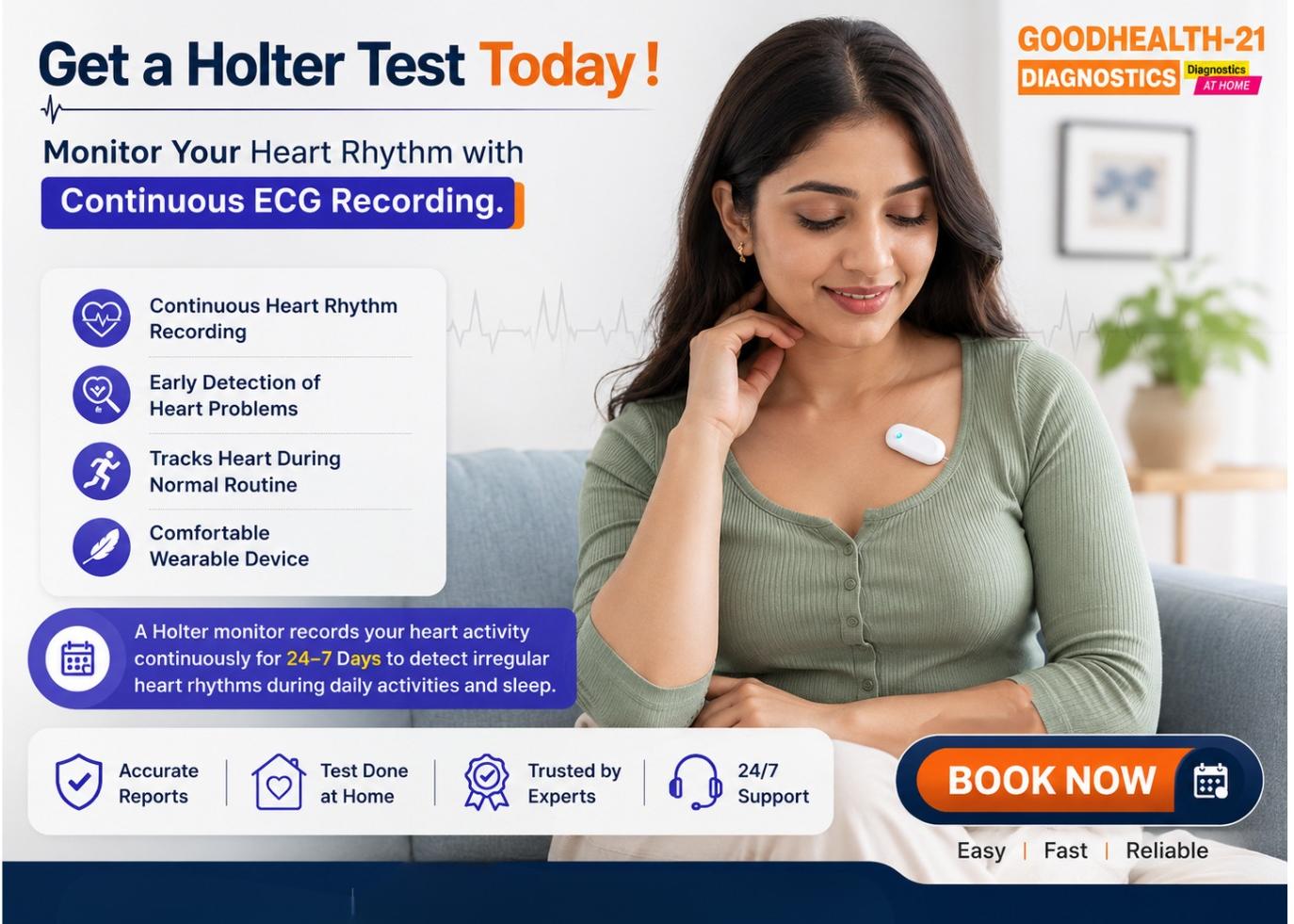 Book Holter Test at Home in Delhi with professional 24-hour heart rhythm monitoring and doorstep cardiac diagnostic services by Goodhealth21 Diagnostics.