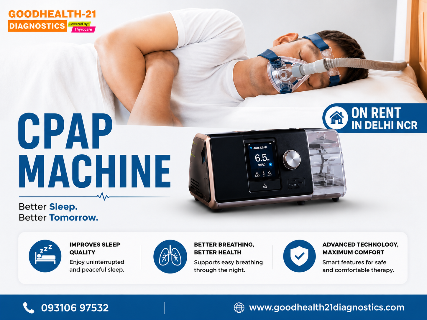CPAP machine on rent in Delhi NCR by Goodhealth21 Diagnostics, featuring a patient sleeping comfortably with CPAP therapy and an Auto CPAP device for sleep apnea treatment at home.