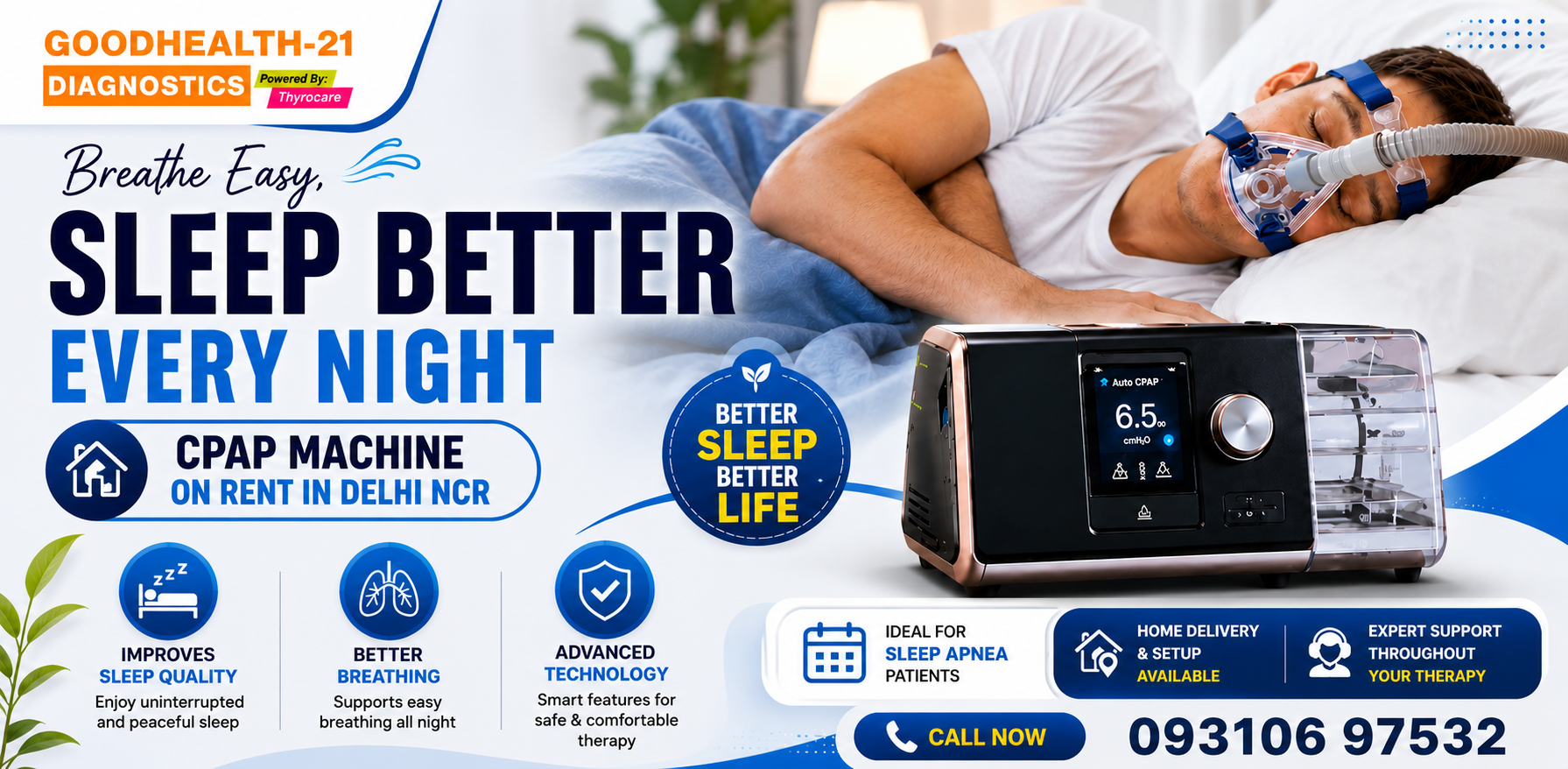 CPAP Machine on Rent Near Me Delhi with doorstep delivery and affordable rental plans by GoodHealth21 Diagnostics