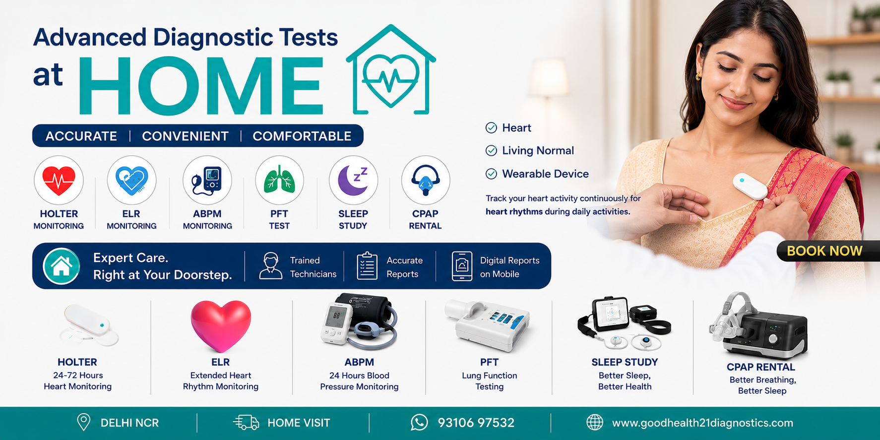Patient receiving home diagnostic services in Delhi including Holter Monitor, ELR, ABPM, PFT Test, Sleep Study, and CPAP Machine rental by GoodHealth21 Diagnostics.