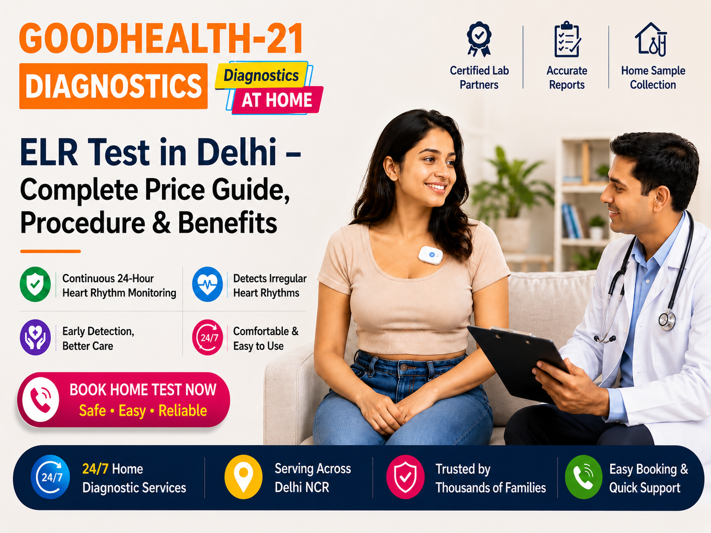 ELR Test at Home in Delhi banner featuring a patient wearing a wireless cardiac monitor, BioCalculus Wireless ELR, AD Devices ELR Monitor, continuous heart rhythm monitoring, and GoodHealth21 Diagnostics home service.