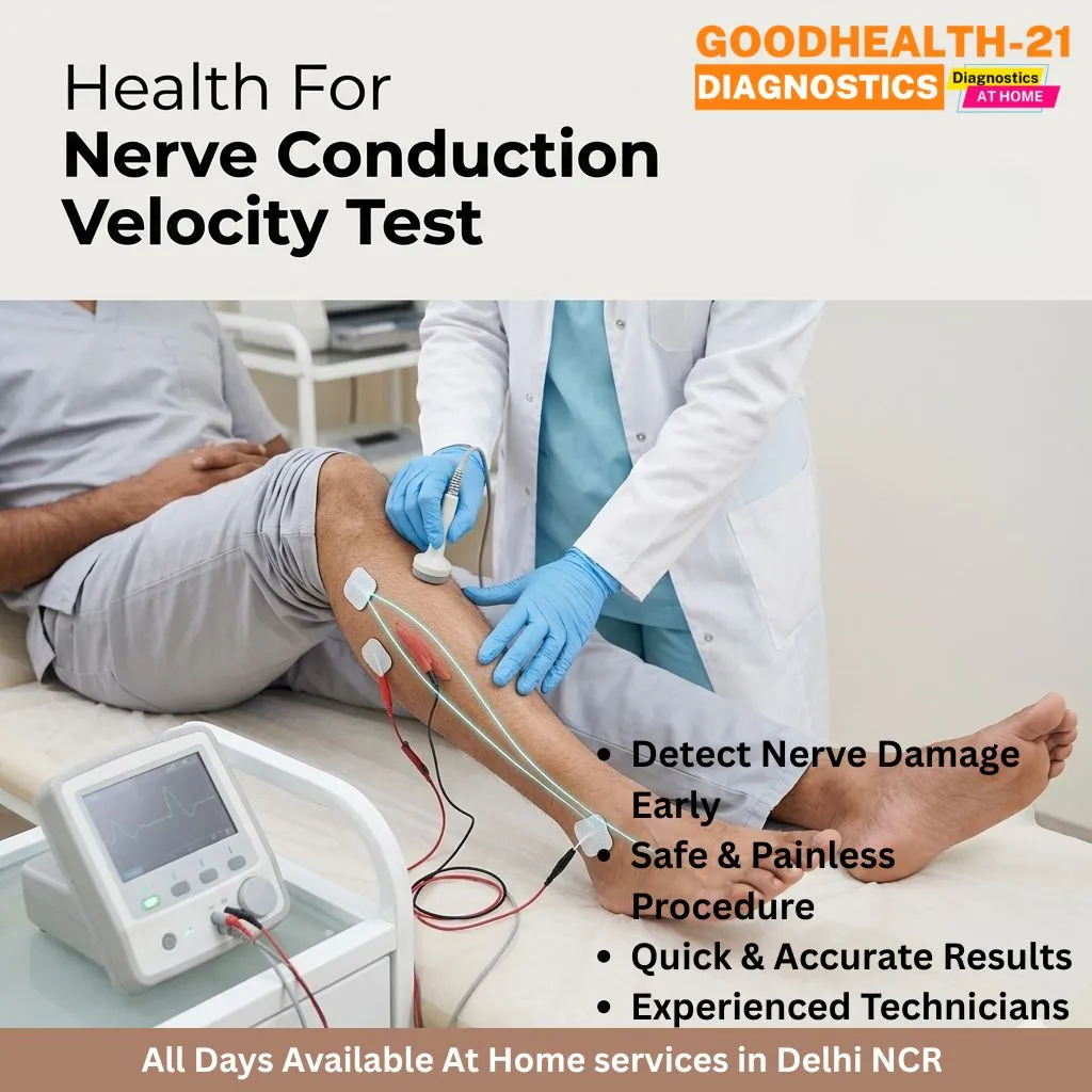 NCV Test at Home in Delhi NCR by GoodHealth21 Diagnostics, showing a technician performing a Nerve Conduction Velocity test on a patient's leg to detect nerve damage and neuropathy.