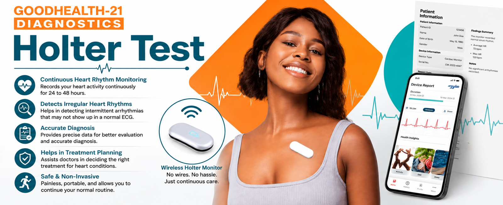 Holter Test at home promotional banner by Goodhealth-21 Diagnostics showing a man relaxing with a wireless Holter monitor attached to his chest.