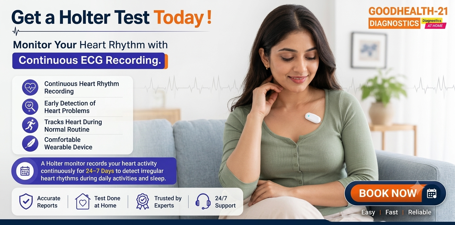 A promotional image featuring a woman on a couch wearing a Holter monitor with text and icons about the heart test on the left and a "BOOK NOW" button on the right.