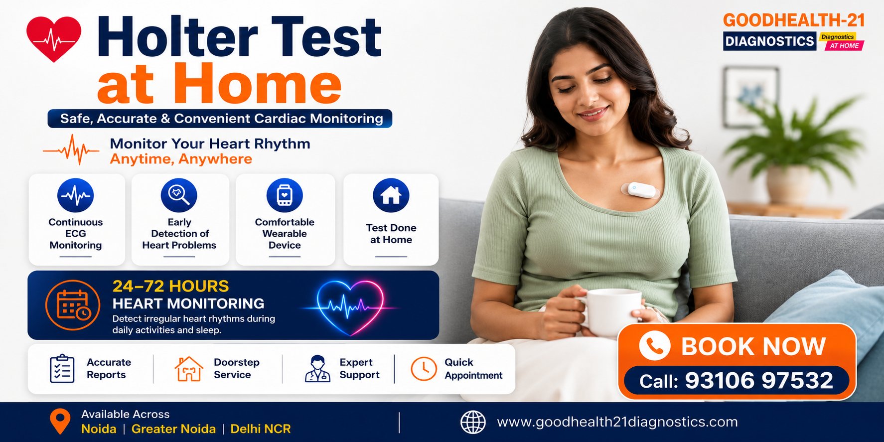 Holter Test at Home in Noida showing 24–72 hour continuous heart monitoring with ECG device setup at home