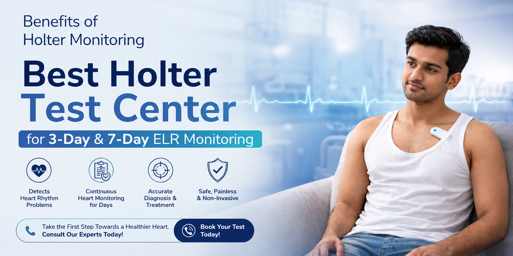 Best Holter Test Center in Ghaziabad for 3-Day & 7-Day ELR Monitoring – Patient wearing a cardiac monitoring device while sitting comfortably, highlighting advanced heart rhythm monitoring services for accurate diagnosis of arrhythmias and cardiac conditions.