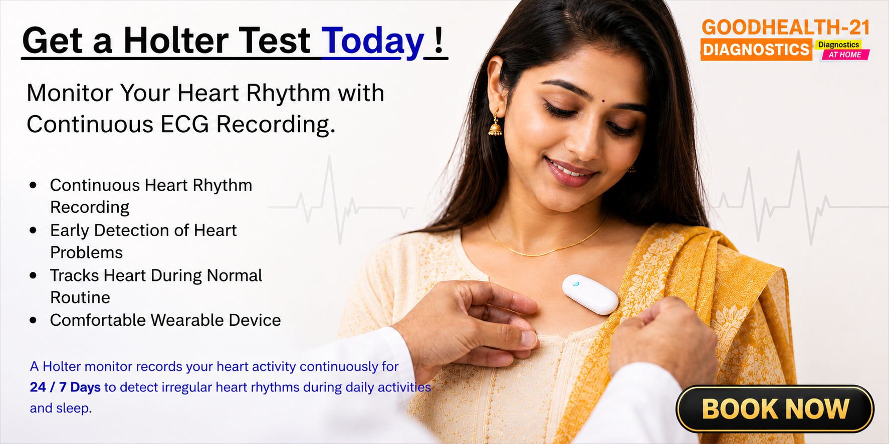 Holter Monitoring Test in Lucknow banner featuring a patient wearing a Holter monitor, AD Devices ELR Holter Device, BioCalculus Wireless ELR, 24–48 hour continuous heart monitoring, and GoodHealth21 Diagnostics home service.