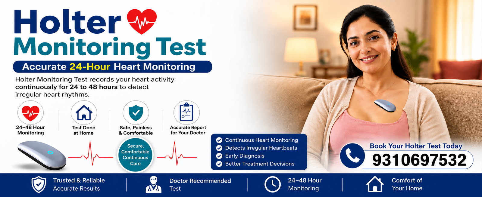 Holter Monitoring Test banner showing 24-hour heart monitoring, home diagnostic testing, a wearable Holter device, and a woman wearing the monitor, with contact number 9310697532.