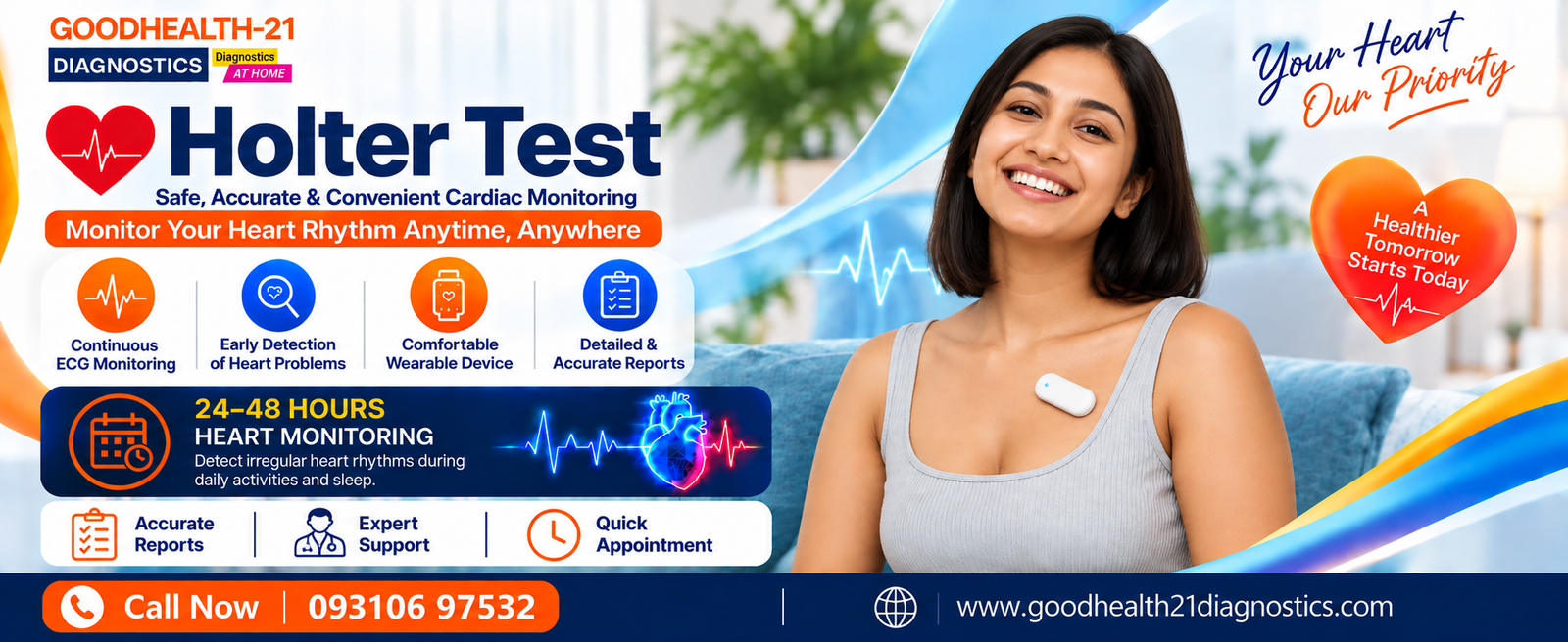 Holter Test by GoodHealth-21 Diagnostics featuring 24–48 hour heart rhythm monitoring, wearable Holter device, accurate reports, expert support, and quick appointment booking.