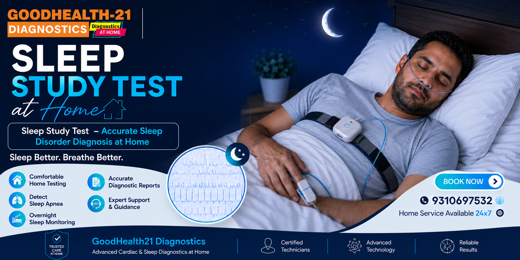 Sleep Study Test at Home banner featuring a patient sleeping with a home sleep monitoring device, overnight sleep tracking, sleep apnea diagnosis, and GoodHealth21 Diagnostics home testing service.