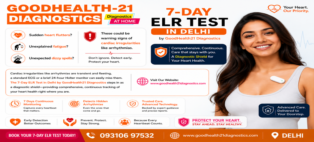 GoodHealth21 Diagnostics promotional banner for the 7-Day ELR Test in Delhi, featuring a smiling woman wearing an ELR cardiac monitoring device, highlighting symptoms of arrhythmia such as heart flutters, fatigue, and dizziness, along with continuous heart monitoring benefits, contact number 093106 97532