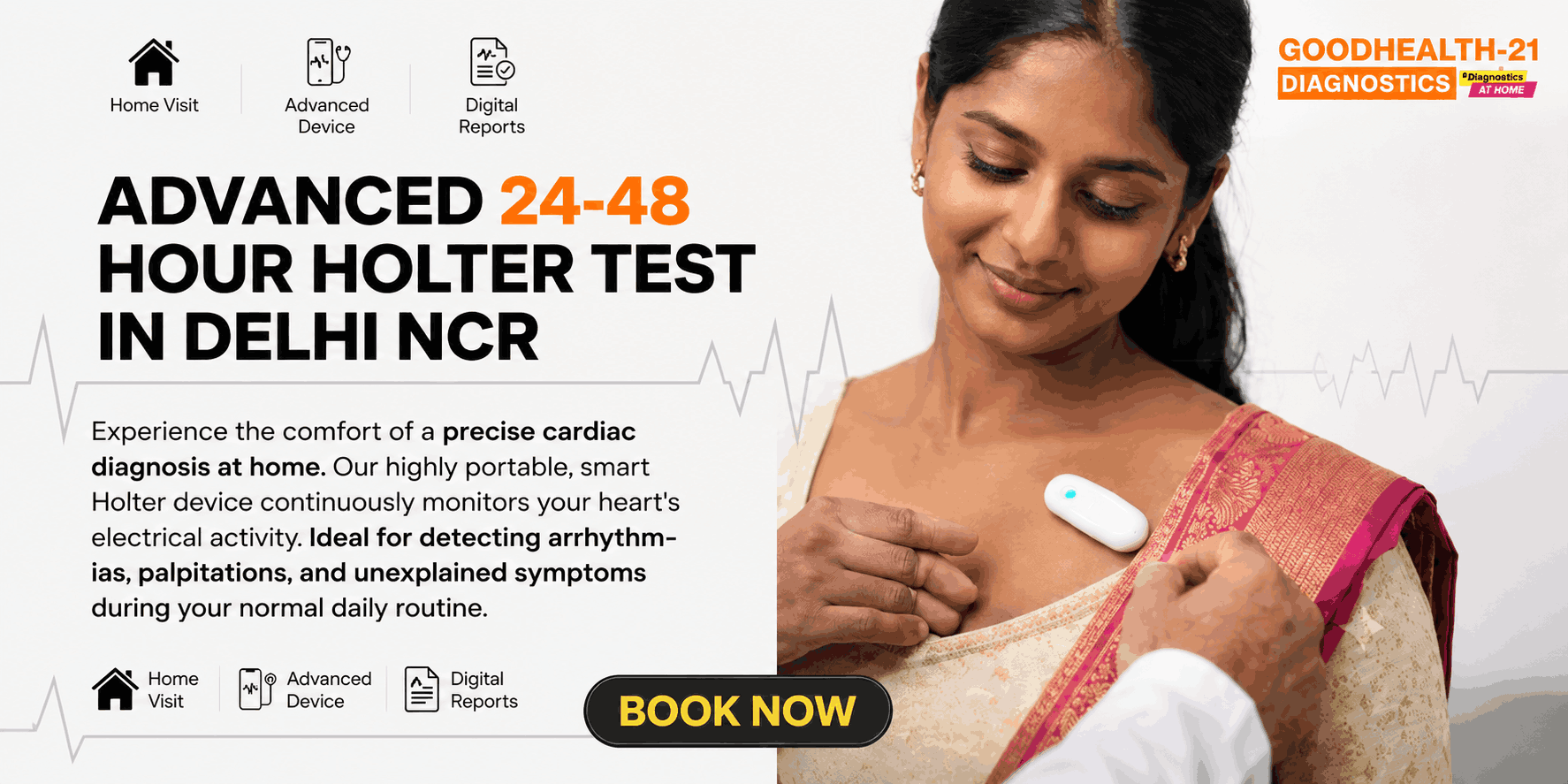 Advanced 24–48 Hour Holter Test at Home by GoodHealth21 Diagnostics in Delhi, Ghaziabad, and Indirapuram with portable heart monitoring device and digital reports.