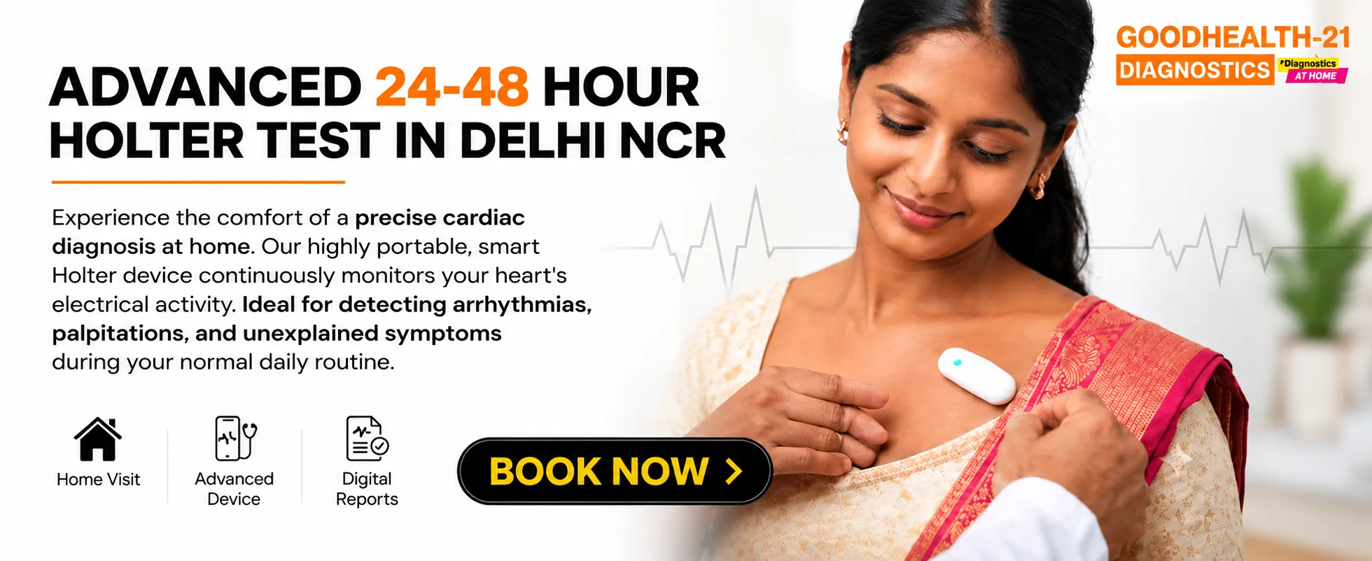 Advanced 24–48 Hour Holter Test in Delhi NCR with home visit, wearable ECG monitoring device, and digital reports by GoodHealth21 Diagnostics