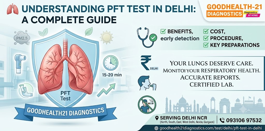 What is a PFT Test? Professional banner showing a patient undergoing a Pulmonary Function Test (Spirometry) with lung illustration, highlighting the benefits, procedure, cost, and importance of PFT testing by GoodHealth21 Diagnostics.