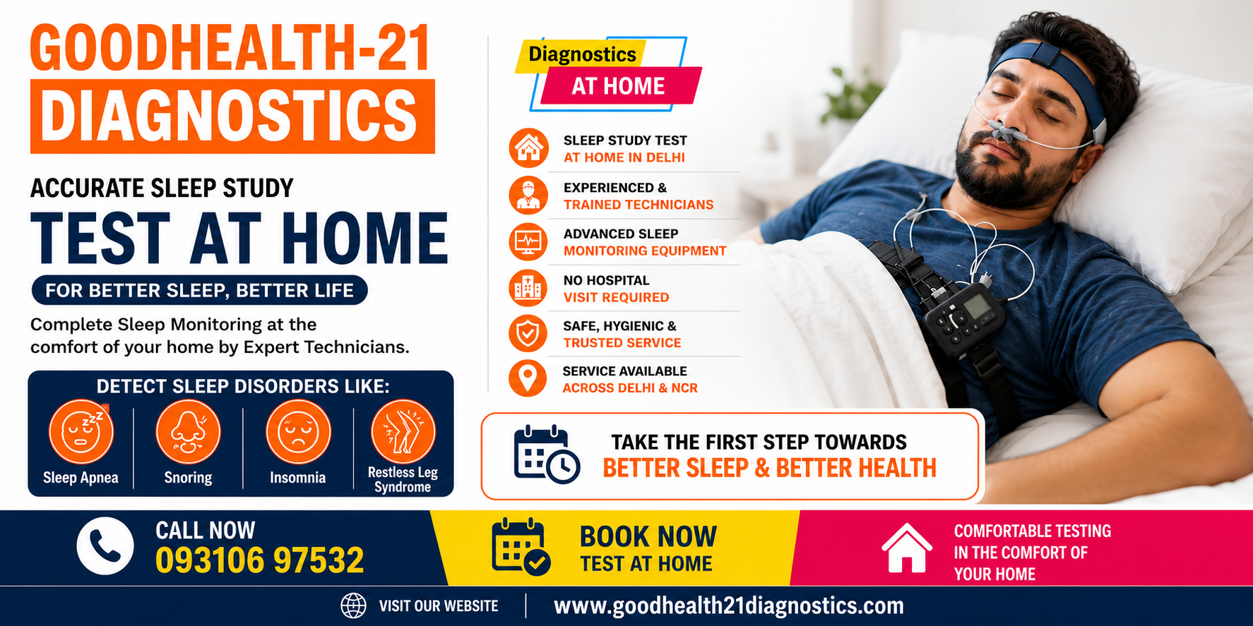 Sleep Study Test in Delhi banner featuring a patient undergoing a home sleep study (Polysomnography), advanced portable sleep monitoring device, overnight sleep apnea diagnosis, and GoodHealth21 Diagnostics home diagnostic service.