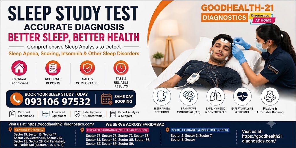 GoodHealth-21 Diagnostics sleep study test banner showing sleep monitoring services, technician assisting patient, contact number 093106 97532