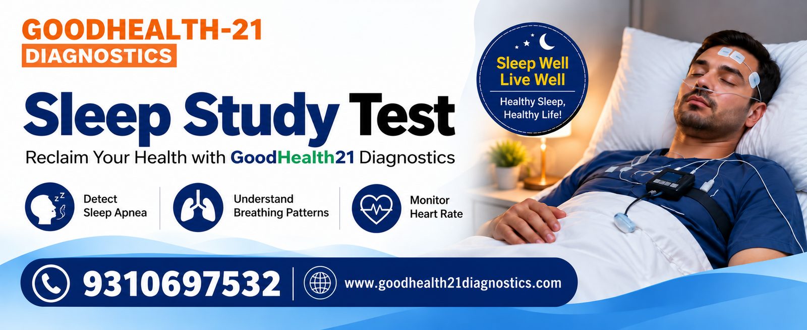 Sleep Study Test banner by GoodHealth21 Diagnostics showing a patient undergoing a home sleep study with sensors, highlighting sleep apnea detection, breathing pattern monitoring, and heart rate monitoring. Contact: 9310697532.