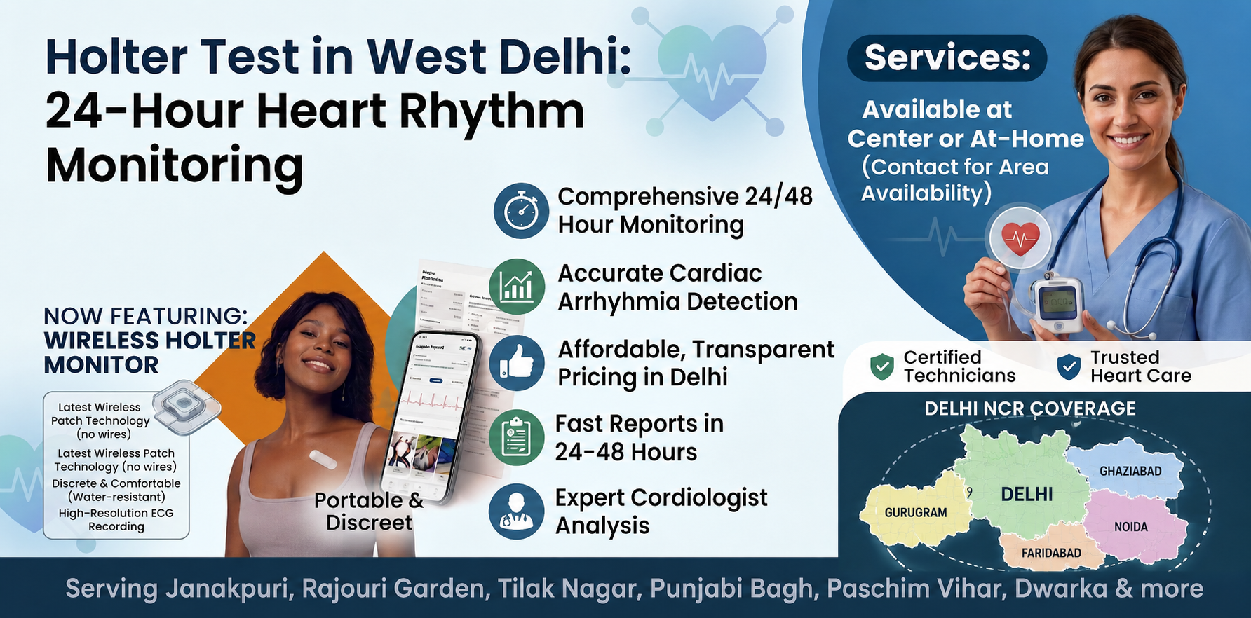 24-Hour Wireless Holter Monitor Test Banner for West Delhi and Delhi NCR by Goodhealth21 Diagnostics showing cardiac monitoring services, Delhi NCR map, fast reports, and at-home testing availability.