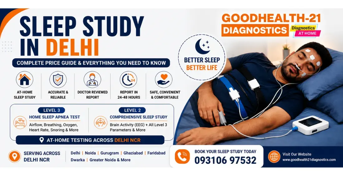 Polysomnography sleep study test showing sensors measuring brain activity, eye movement, breathing, chest movement, heart rate, and blood oxygen levels during sleep.