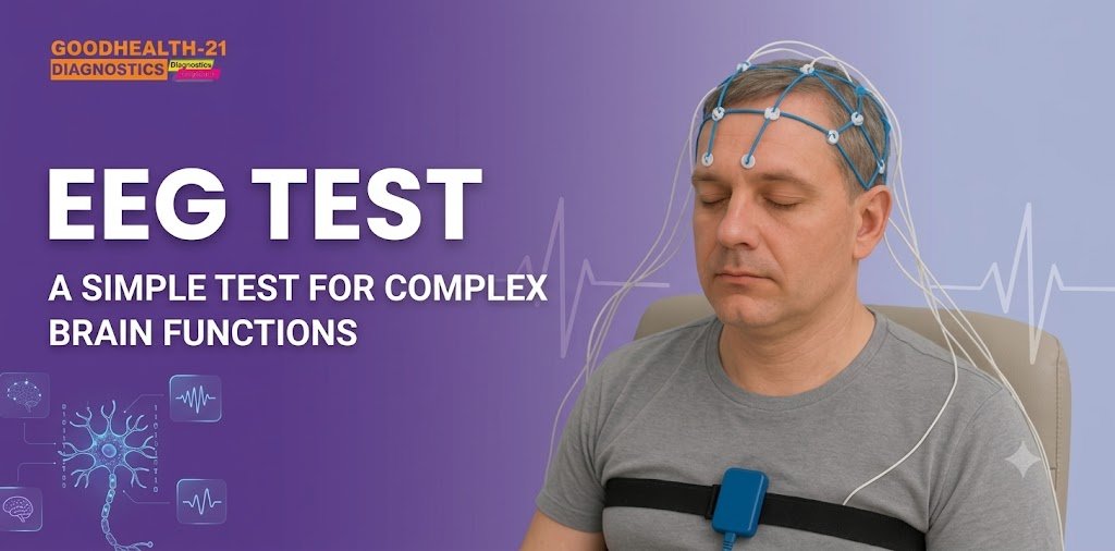 EEG Test illustration showing a patient wearing an electrode cap for brain function analysis by Goodhealth-21 Diagnostics,