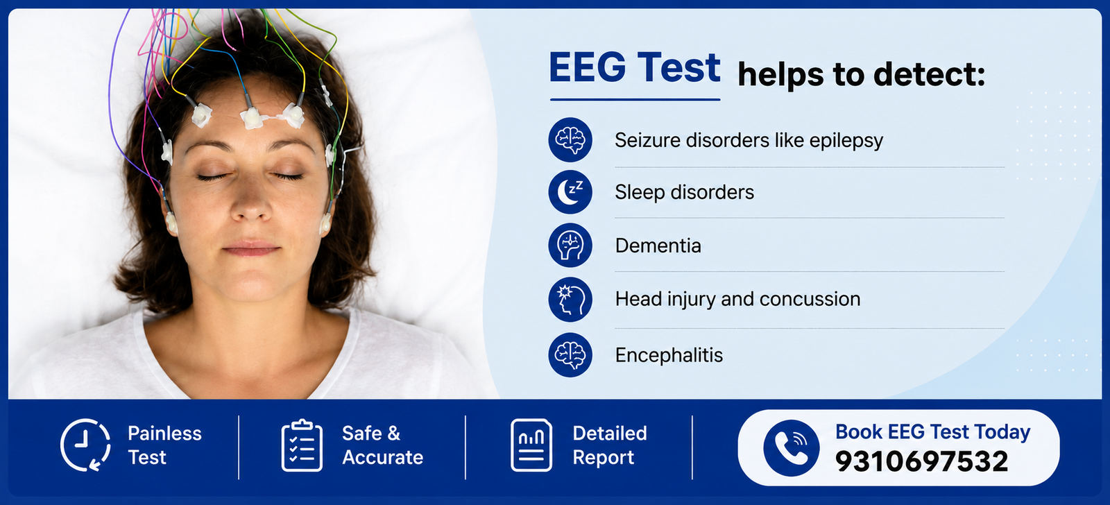 EEG test with electrodes attached to a woman’s scalp, highlighting conditions such as epilepsy, sleep disorders, dementia, head injury, concussion, and encephalitis.