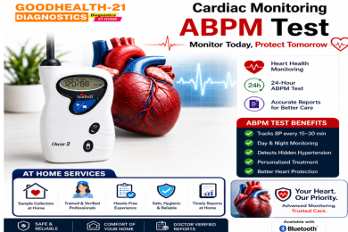 ABPM Test at Home promotional banner by GoodHealth21 Diagnostics featuring a 24-hour ambulatory blood pressure monitoring device, anatomical heart model, cardiac monitoring graphics, and key benefits including day and night blood pressure tracking, hypertension detection, accurate reports, trained professionals, and doorstep diagnostic services in Delhi NCR.