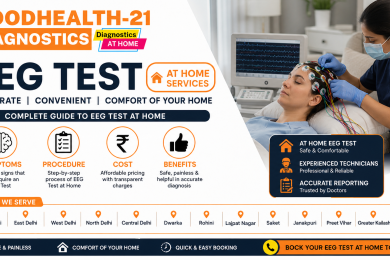 EEG Test at Home banner by GoodHealth21 Diagnostics featuring experienced technicians performing an EEG test on a patient at home. The banner highlights symptoms, procedure, cost, benefits, accurate reporting, and home EEG services across major locations.
