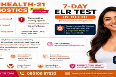 GoodHealth21 Diagnostics promotional banner for the 7-Day ELR Test in Delhi, featuring a smiling woman wearing an ELR cardiac monitoring device, highlighting symptoms of arrhythmia such as heart flutters, fatigue, and dizziness, along with continuous heart monitoring benefits, contact number 093106 97532