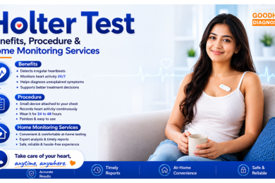 Holter Monitoring Test in East Delhi banner featuring a patient wearing a Holter monitor, AD Devices ELR Holter Device, BioCalculus Wireless ELR, 24–48 hour continuous heart monitoring, and GoodHealth21 Diagnostics home service.