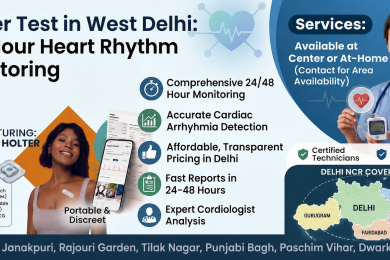 24-Hour Wireless Holter Monitor Test Banner for West Delhi and Delhi NCR by Goodhealth21 Diagnostics showing cardiac monitoring services, Delhi NCR map, fast reports, and at-home testing availability.