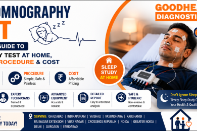 Patient undergoing Home Polysomnography (Sleep Study) Test in Ghaziabad with advanced sleep monitoring equipment by GoodHealth21 Diagnostics