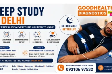 Polysomnography sleep study test showing sensors measuring brain activity, eye movement, breathing, chest movement, heart rate, and blood oxygen levels during sleep.