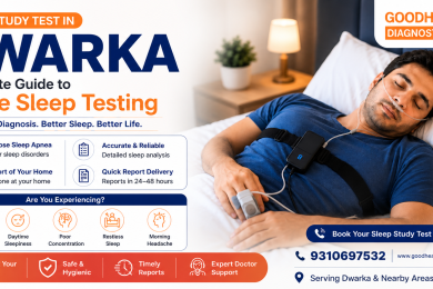 Patient undergoing a Sleep Study Test at Home in Dwarka by GoodHealth21 Diagnostics using a portable sleep monitoring device.