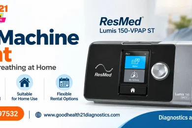 A promotional banner for GoodHealth-21 Diagnostics offering "BiPAP Machine on Rent" featuring a ResMed Lumis 150-VPAP ST device alongside a sleeping patient using a respiratory mask.