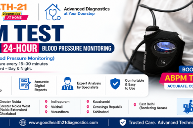 Promotional banner for GoodHealth-21 Diagnostics advertising 24-Hour ABPM (Ambulatory Blood Pressure Monitoring) home services. The graphic shows a person wearing a SunTech blood pressure cuff and monitor, key service highlights, nearby service locations in Delhi-NCR, and contact information.