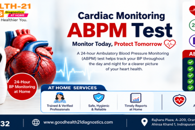 ABPM Test at Home by GoodHealth-21 Diagnostics featuring SunTech Oscar 2 for 24-hour blood pressure monitoring, with heart health monitoring and accurate reporting.