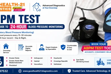 AMPM Test banner by Goodhealth21 Diagnostics showing 24-hour ABPM blood pressure monitoring at home using a wearable SunTech ABPM device with doorstep diagnostic services across Noida, Greater Noida, Ghaziabad, and Delhi-NCR.