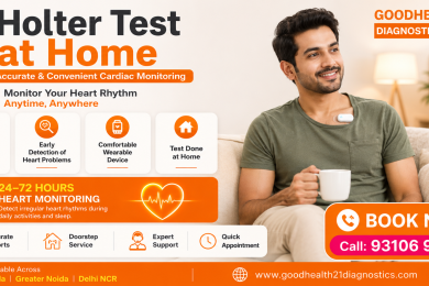 Technician setting up a 24-hour Holter monitor for a patient at home in Greater Noida
