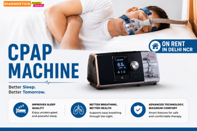 CPAP machine on rent in Delhi NCR by Goodhealth21 Diagnostics, featuring a patient sleeping comfortably with CPAP therapy and an Auto CPAP device for sleep apnea treatment at home.