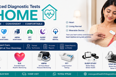 Patient receiving home diagnostic services in Delhi including Holter Monitor, ELR, ABPM, PFT Test, Sleep Study, and CPAP Machine rental by GoodHealth21 Diagnostics.