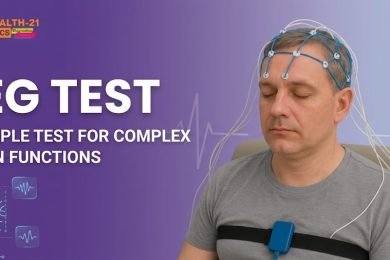 EEG Test illustration showing a patient wearing an electrode cap for brain function analysis by Goodhealth-21 Diagnostics,