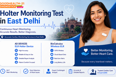 Holter Monitoring Test in East Delhi banner featuring a patient wearing a Holter monitor, AD Devices ELR Holter Device, BioCalculus Wireless ELR, 24–48 hour continuous heart monitoring, and GoodHealth21 Diagnostics home service.