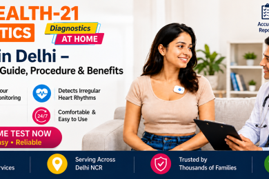 Promotional banner for GoodHealth-21 Diagnostics offering ELR Test at home in Delhi. Features a male healthcare professional reviewing a clipboard with a female patient wearing a small, white continuous heart monitoring patch on her upper chest. Highlights benefits like 24-hour monitoring, early detection, and accurate reports.